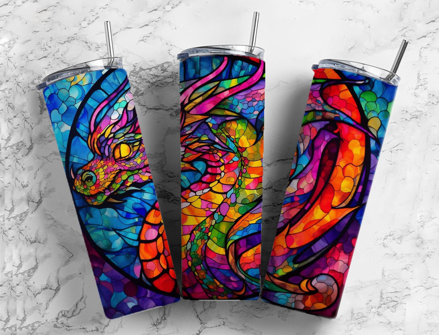 Rainbow dragon 20oz Sublimation Tumbler Designs, Colorful fantasy 9.2 x 8.3” Straight Skinny Tumbler Wrap PNG