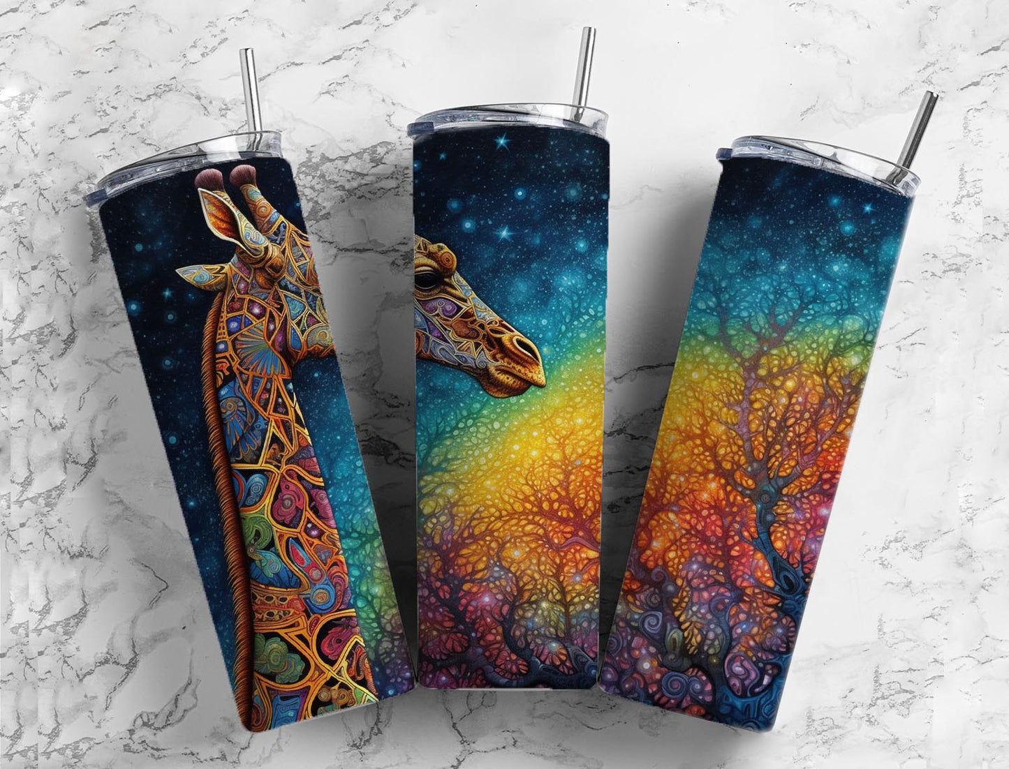 colorful giraffe 20oz Sublimation Tumbler Designs, Night sky 9.2 x 8.3” Straight Skinny Tumbler Wrap PNG