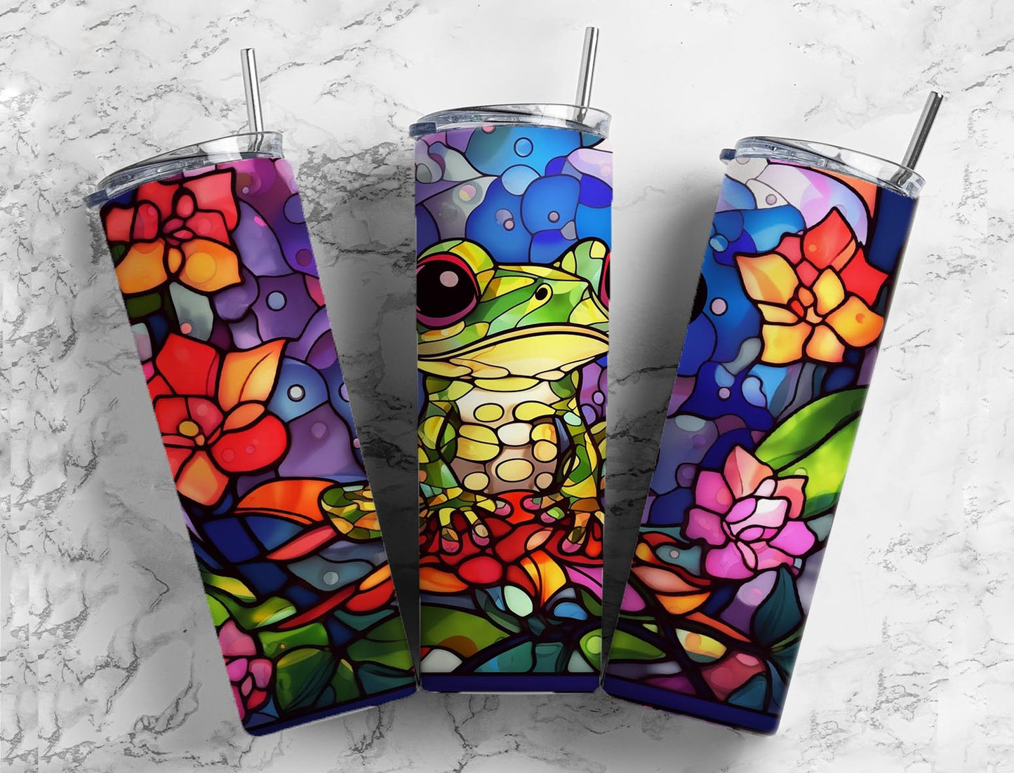 Stained glass 20oz Sublimation Tumbler Designs, Frog floral 9.2 x 8.3” Straight Skinny Tumbler Wrap PNG