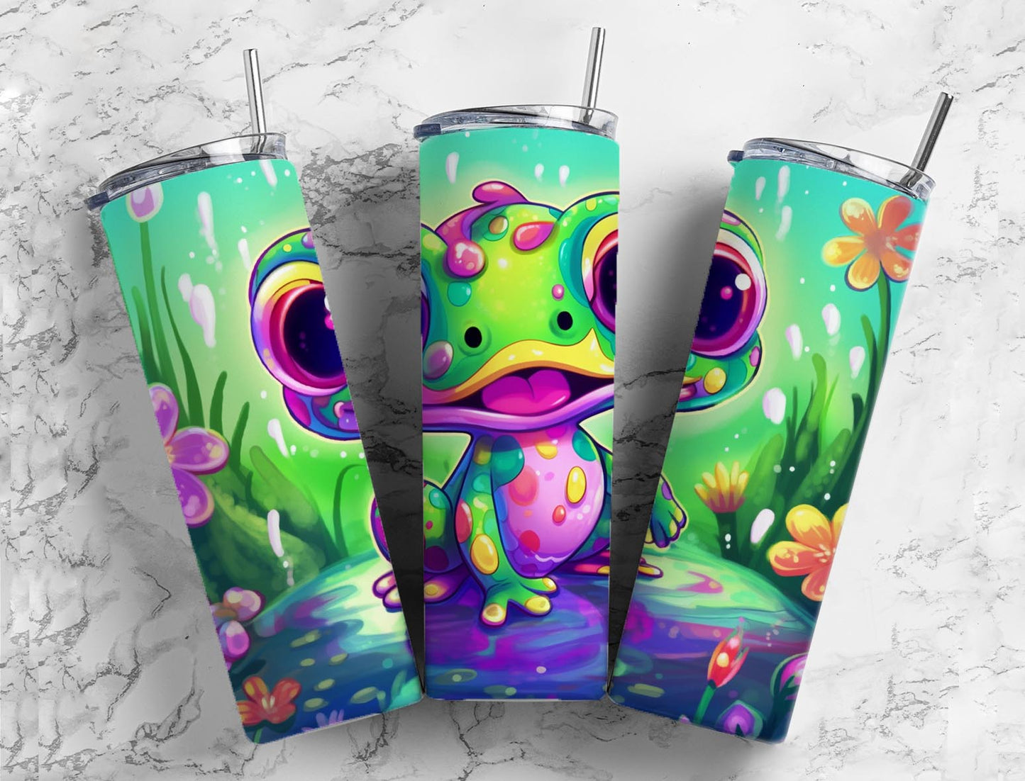 cartoon frog 20oz Sublimation Tumbler Designs, bright colorful 9.2 x 8.3” Straight Skinny Tumbler Wrap PNG