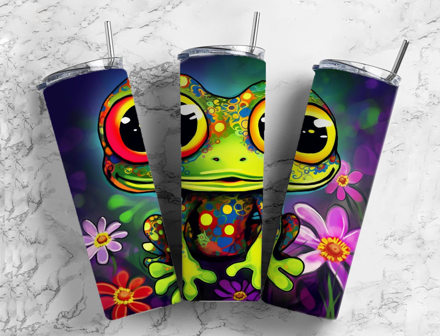 Cartoon frog 20oz Sublimation Tumbler Designs, Colorful floral 9.2 x 8.3” Straight Skinny Tumbler Wrap PNG