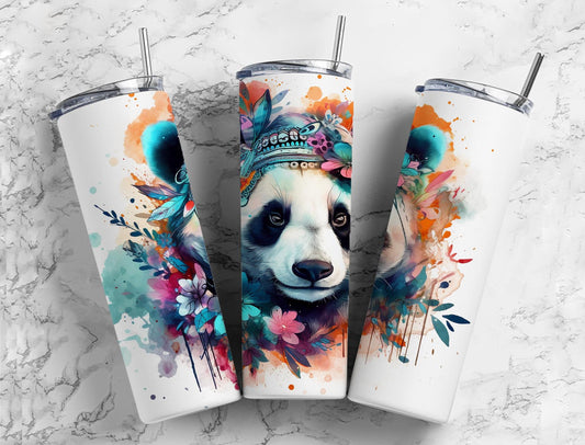 Colorful panda 20oz Sublimation Tumbler Designs, floral 9.2 x 8.3” Straight Skinny Tumbler Wrap PNG