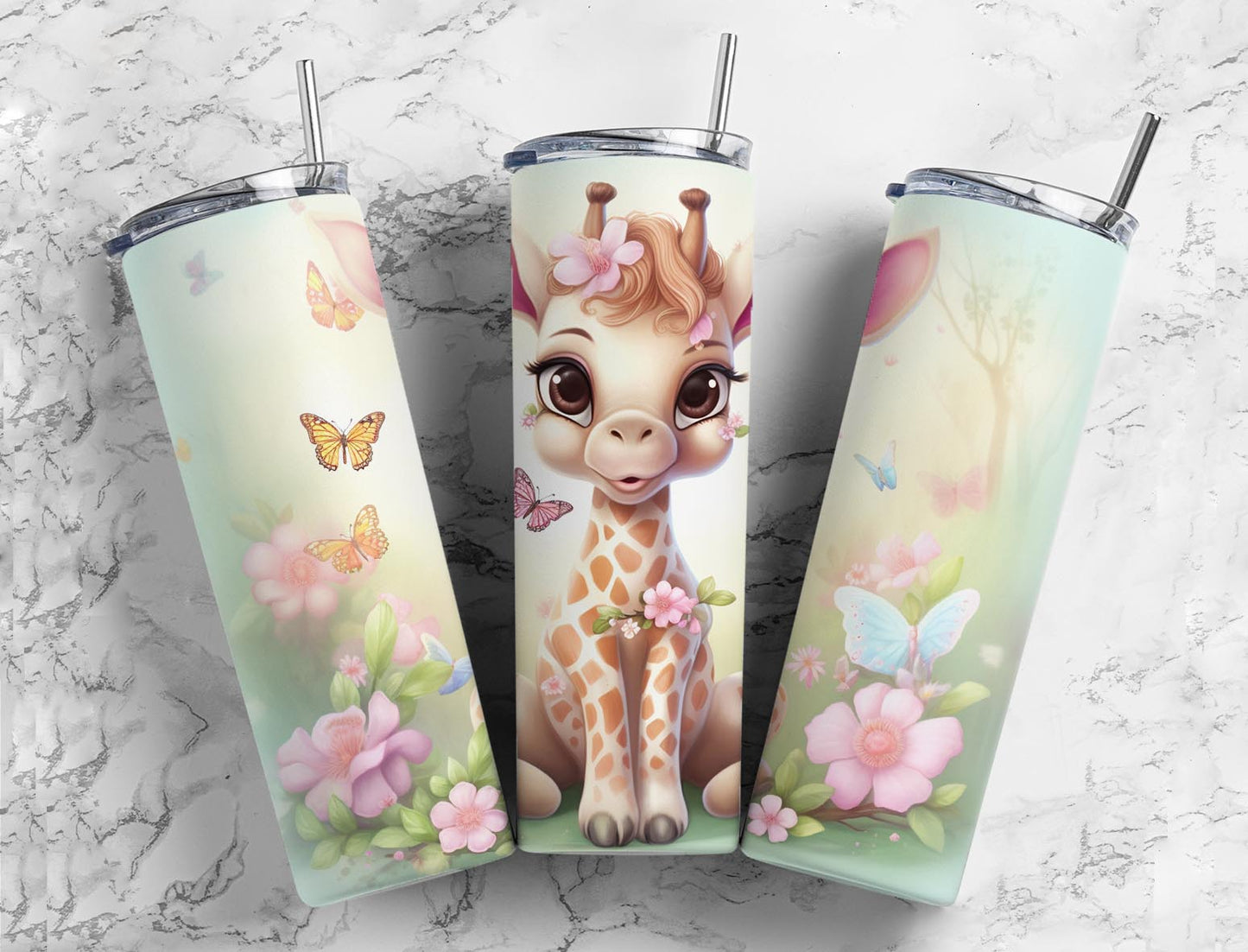 Baby giraffe 20oz Sublimation Tumbler Designs, Butterfly garden 9.2 x 8.3” Straight Skinny Tumbler Wrap PNG