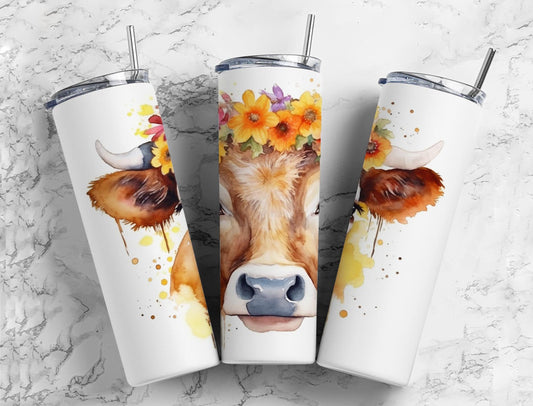 Watercolor cow 20oz Sublimation Tumbler Designs, Flower crown 9.2 x 8.3” Straight Skinny Tumbler Wrap PNG