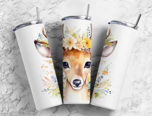 Watercolor Deer 20oz Sublimation Tumbler Designs, Flower crown 9.2 x 8.3” Straight Skinny Tumbler Wrap PNG