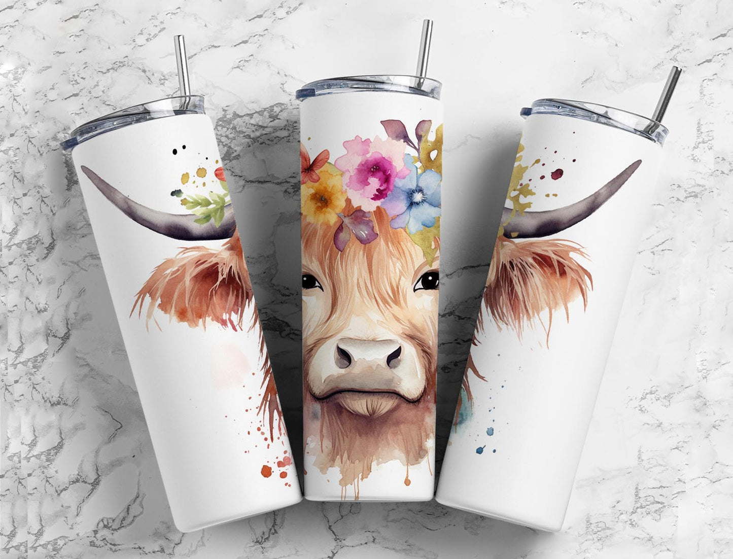 watercolor highland cow 20oz Sublimation Tumbler Designs, Flower crown 9.2 x 8.3” Straight Skinny Tumbler Wrap PNG