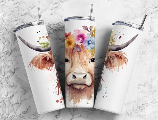 watercolor highland cow 20oz Sublimation Tumbler Designs, Flower crown 9.2 x 8.3” Straight Skinny Tumbler Wrap PNG