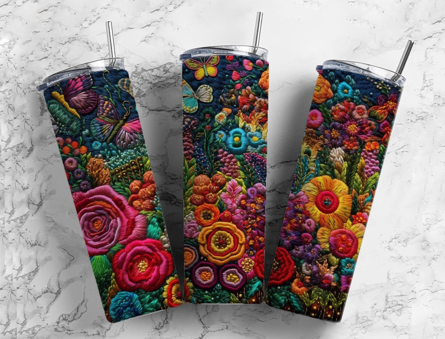 Embroidery butterfly garden 20oz Sublimation Tumbler Designs, floral colorful 9.2 x 8.3” Straight Skinny Tumbler Wrap PNG