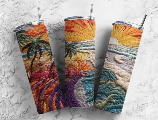 Embroidery beach 20oz Sublimation Tumbler Designs, ocean landscape  9.2 x 8.3” Straight Skinny Tumbler Wrap PNG