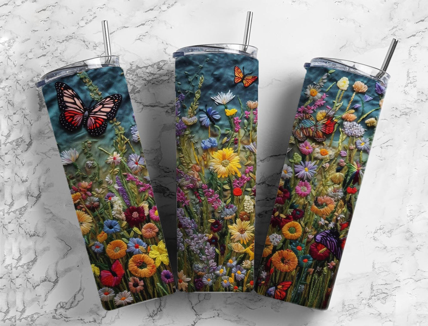 Embroidery butterfly garden 20oz Sublimation Tumbler Designs, colorful floral 9.2 x 8.3” Straight Skinny Tumbler Wrap PNG