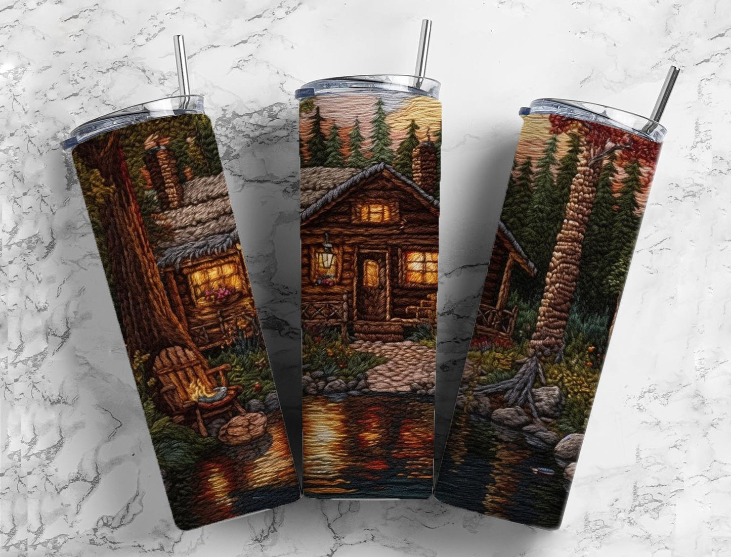 Embroidery cabin 20oz Sublimation Tumbler Designs, embroidery forest 9.2 x 8.3” Straight Skinny Tumbler Wrap PNG