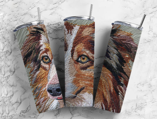 Embroidery collie 20oz Sublimation Tumbler Designs, embroidery dog 9.2 x 8.3” Straight Skinny Tumbler Wrap PNG