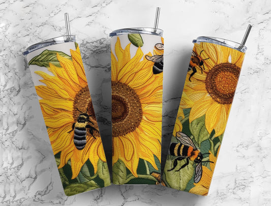 Embroidery bumblebees 20oz Sublimation Tumbler Designs, sunflower floral 9.2 x 8.3” Straight Skinny Tumbler Wrap PNG