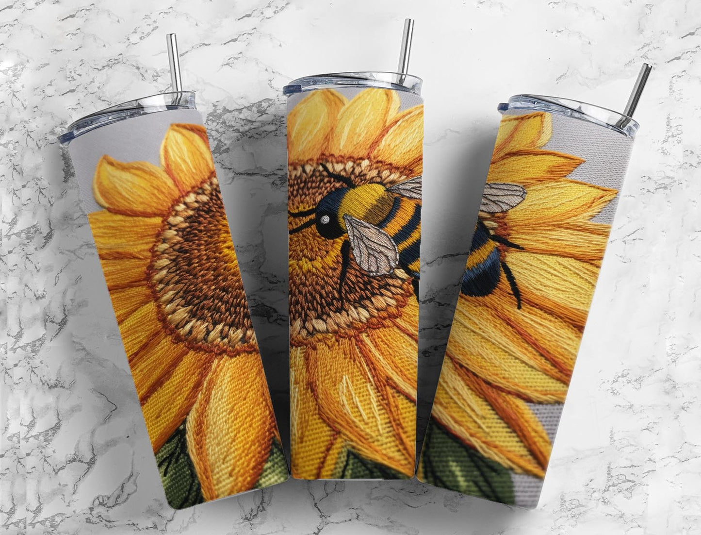 Embroidery bumble bee 20oz Sublimation Tumbler Designs, sunflower floral 9.2 x 8.3” Straight Skinny Tumbler Wrap PNG