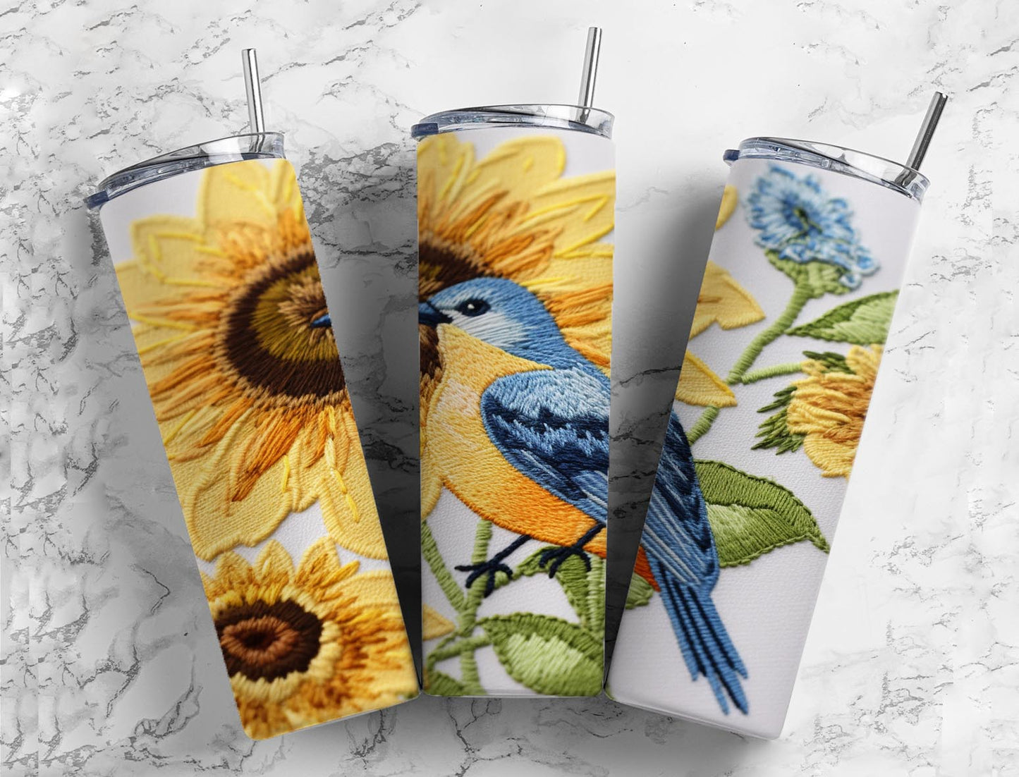 Embroidery Bluebird 20oz Sublimation Tumbler Designs, floral bird 9.2 x 8.3” Straight Skinny Tumbler Wrap PNG