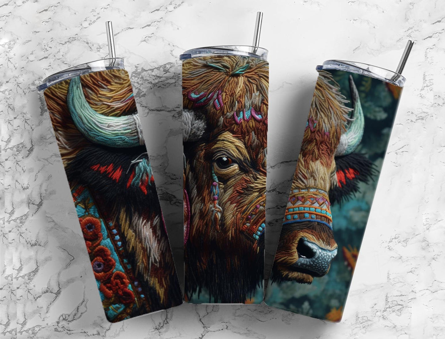 Embroidery bison 20oz Sublimation Tumbler Designs, patterned colorful 9.2 x 8.3” Straight Skinny Tumbler Wrap PNG