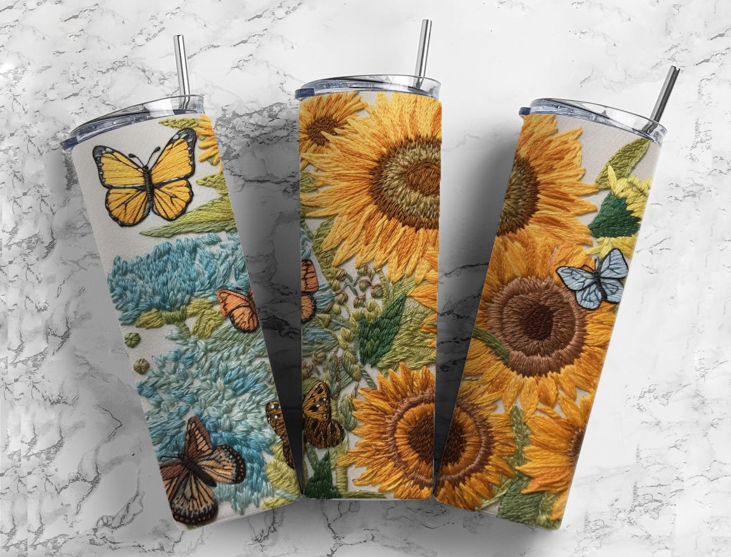 Embroidery butterflies 20oz Sublimation Tumbler Designs, sunflower garden 9.2 x 8.3” Straight Skinny Tumbler Wrap PNG