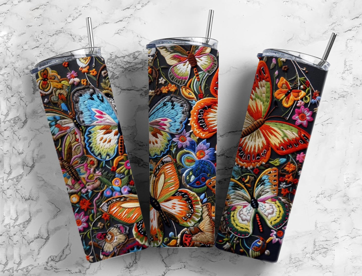 Embroidery butterflies 20oz Sublimation Tumbler Designs, colorful rainbow 9.2 x 8.3” Straight Skinny Tumbler Wrap PNG