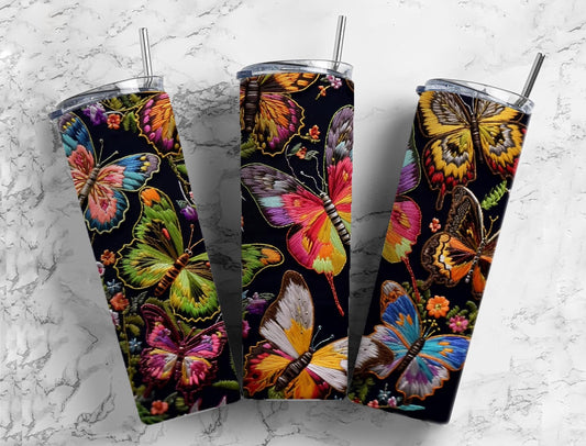 Embroidery butterfly 20oz Sublimation Tumbler Designs, colorful rainbow 9.2 x 8.3” Straight Skinny Tumbler Wrap PNG