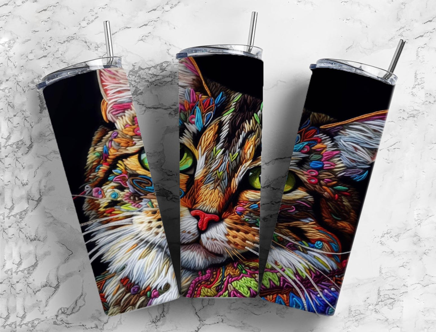 Embroidery cat 20oz Sublimation Tumbler Designs, colorful rainbow 9.2 x 8.3” Straight Skinny Tumbler Wrap PNG