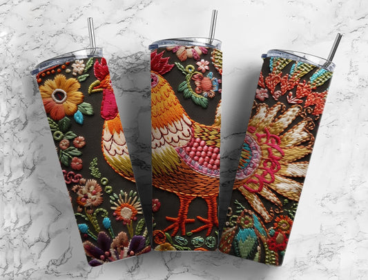 Embroidery chicken fly 20oz Sublimation Tumbler Designs, colorful floral 9.2 x 8.3” Straight Skinny Tumbler Wrap PNG