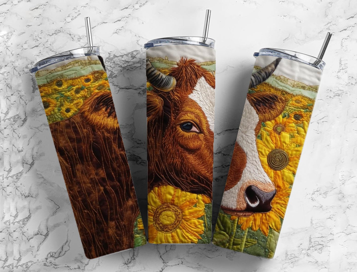 Embroidery cow fly 20oz Sublimation Tumbler Designs, sunflower field 9.2 x 8.3” Straight Skinny Tumbler Wrap PNG