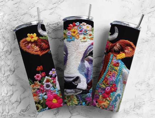 Embroidery cow fly 20oz Sublimation Tumbler Designs, flower crown 9.2 x 8.3” Straight Skinny Tumbler Wrap PNG