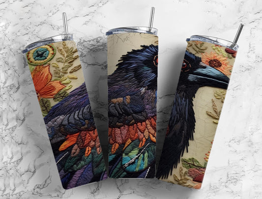 Embroidery Crow 20oz Sublimation Tumbler Designs, Embroidery floral 9.2 x 8.3” Straight Skinny Tumbler Wrap PNG