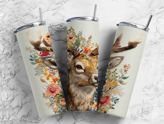 Embroidery deer 20oz Sublimation Tumbler Designs, colorful floral  9.2 x 8.3” Straight Skinny Tumbler Wrap PNG