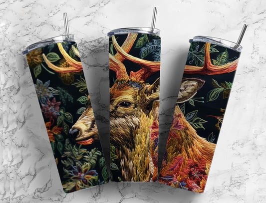 Embroidery Deer 20oz Sublimation Tumbler Designs, Embroidery floral 9.2 x 8.3” Straight Skinny Tumbler Wrap PNG