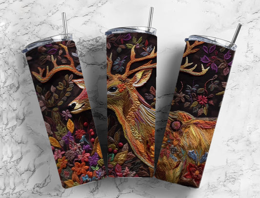 Embroidery Deer fly 20oz Sublimation Tumbler Designs, dark floral 9.2 x 8.3” Straight Skinny Tumbler Wrap PNG