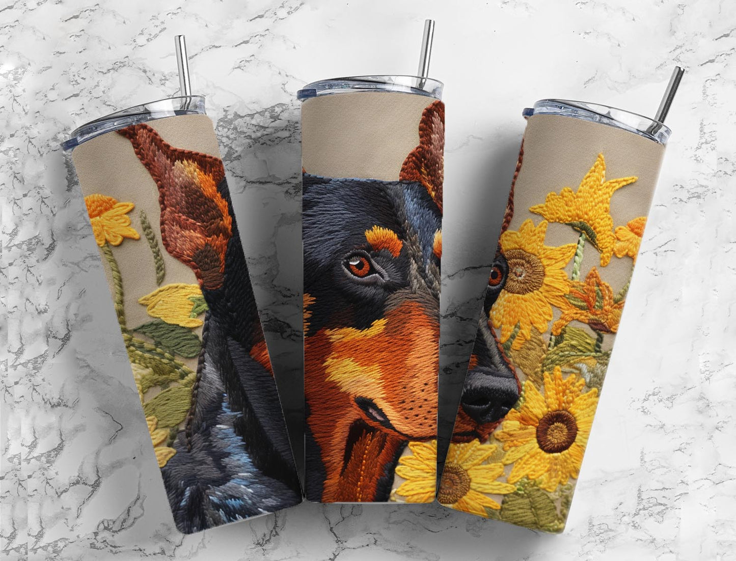 Embroidery Doberman fly 20oz Sublimation Tumbler Designs, embroidery dog 9.2 x 8.3” Straight Skinny Tumbler Wrap PNG