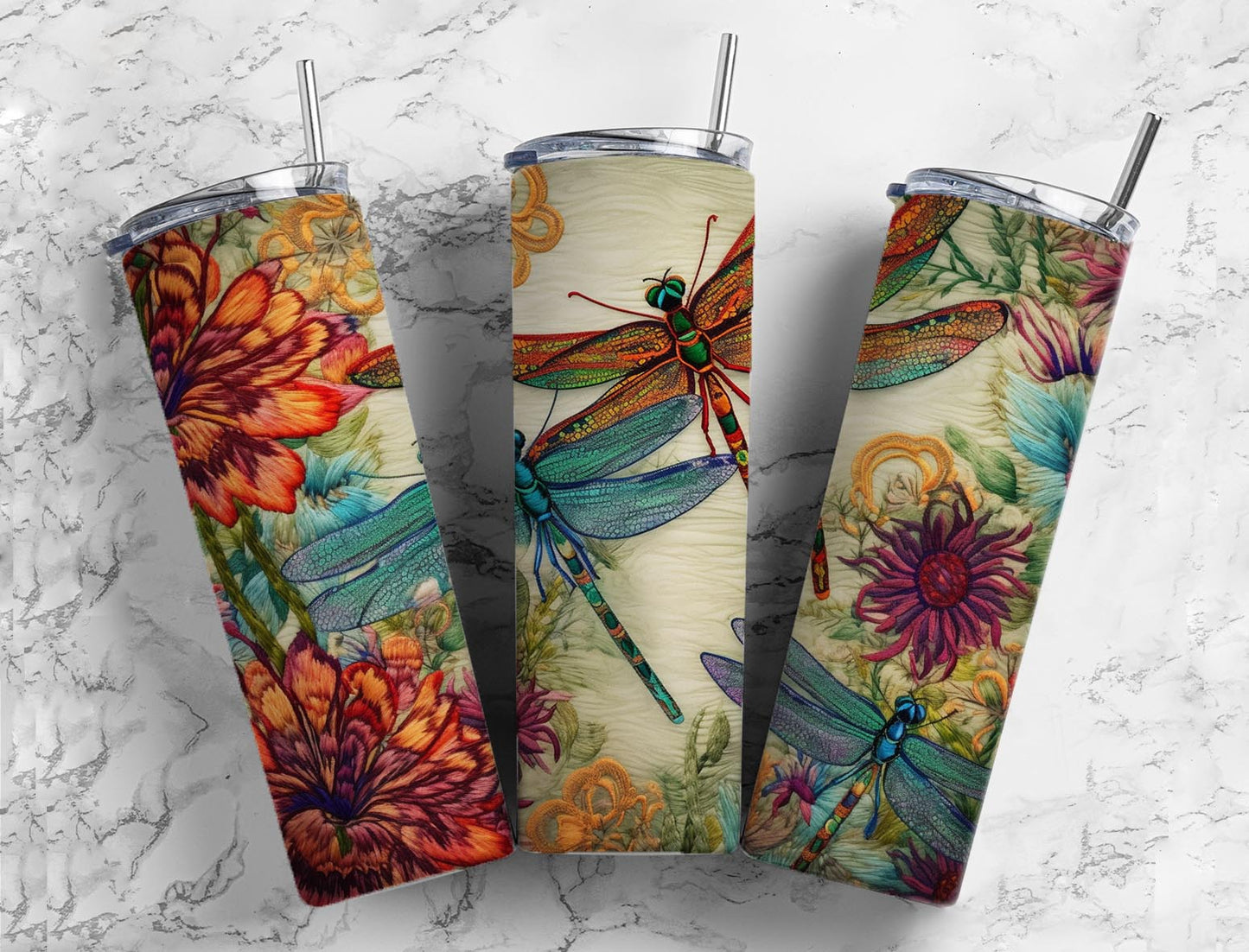 Embroidery dragon fly 20oz Sublimation Tumbler Designs, floral patterned 9.2 x 8.3” Straight Skinny Tumbler Wrap PNG