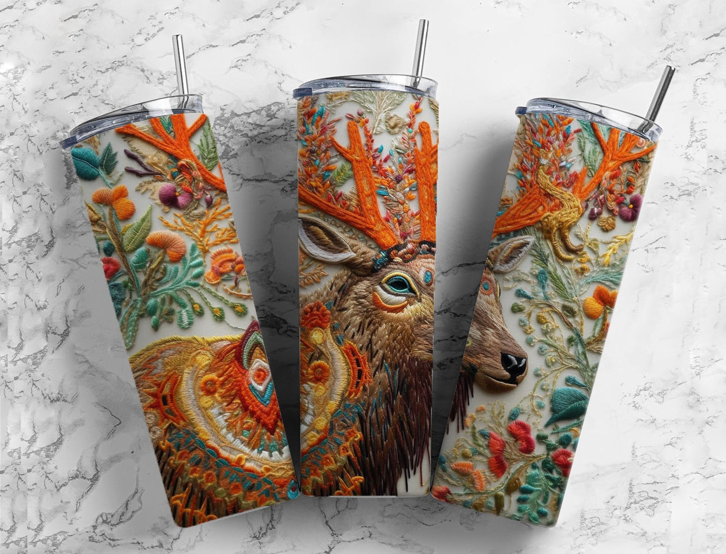 Embroidery deer 20oz Sublimation Tumbler Designs, floral patterned 9.2 x 8.3” Straight Skinny Tumbler Wrap PNG