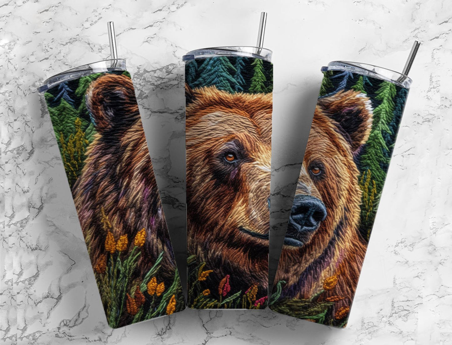 Embroidery bear 20oz Sublimation Tumbler Designs, forest landscape 9.2 x 8.3” Straight Skinny Tumbler Wrap PNG