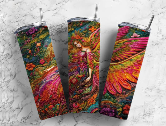 Embroidery fairy girl 20oz Sublimation Tumbler Designs, Colorful rainbow 9.2 x 8.3” Straight Skinny Tumbler Wrap PNG