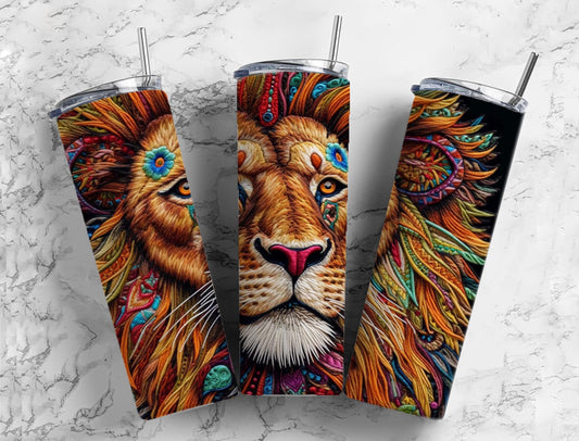 Colorful Embroidery lion 20oz Sublimation Tumbler Designs, embroidery rainbow 9.2 x 8.3” Straight Skinny Tumbler Wrap PNG