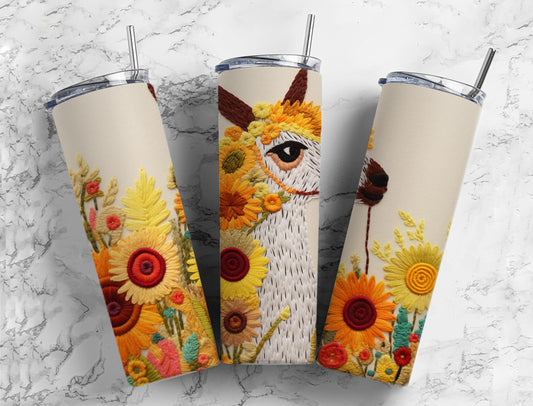 Embroidery alpaca 20oz Sublimation Tumbler Designs, Sunflower llama 9.2 x 8.3” Straight Skinny Tumbler Wrap PNG