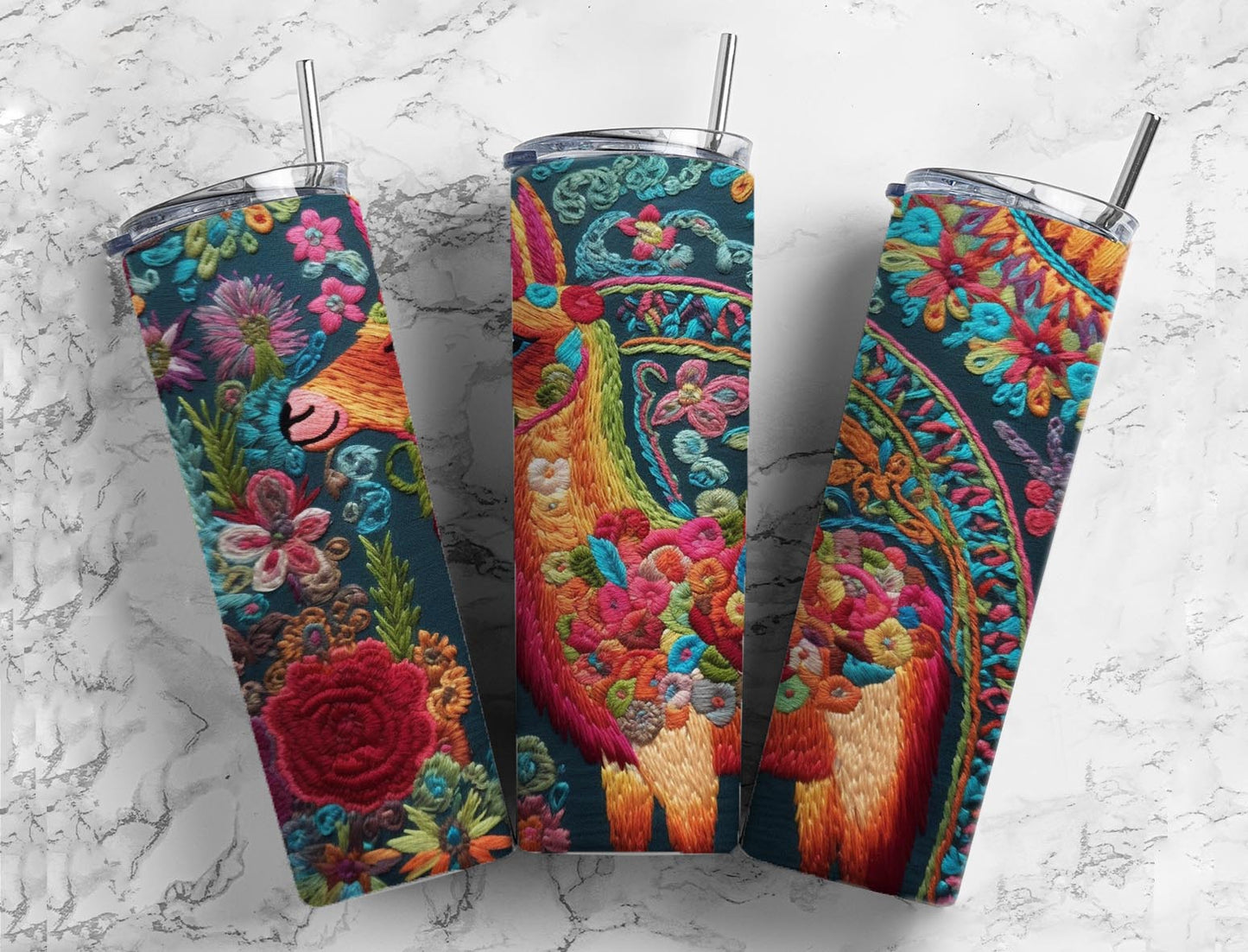 Colorful Embroidery alpaca 20oz Sublimation Tumbler Designs, embroidery pattern 9.2 x 8.3” Straight Skinny Tumbler Wrap PNG