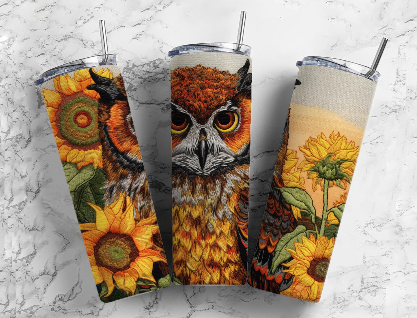 Embroidery brown owl 20oz Sublimation Tumbler Designs, sunflower fields 9.2 x 8.3” Straight Skinny Tumbler Wrap PNG