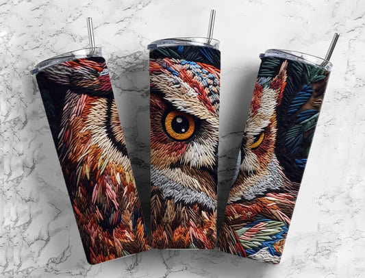 Embroidery brown owl 20oz Sublimation Tumbler Designs, embroidery feathers 9.2 x 8.3” Straight Skinny Tumbler Wrap PNG