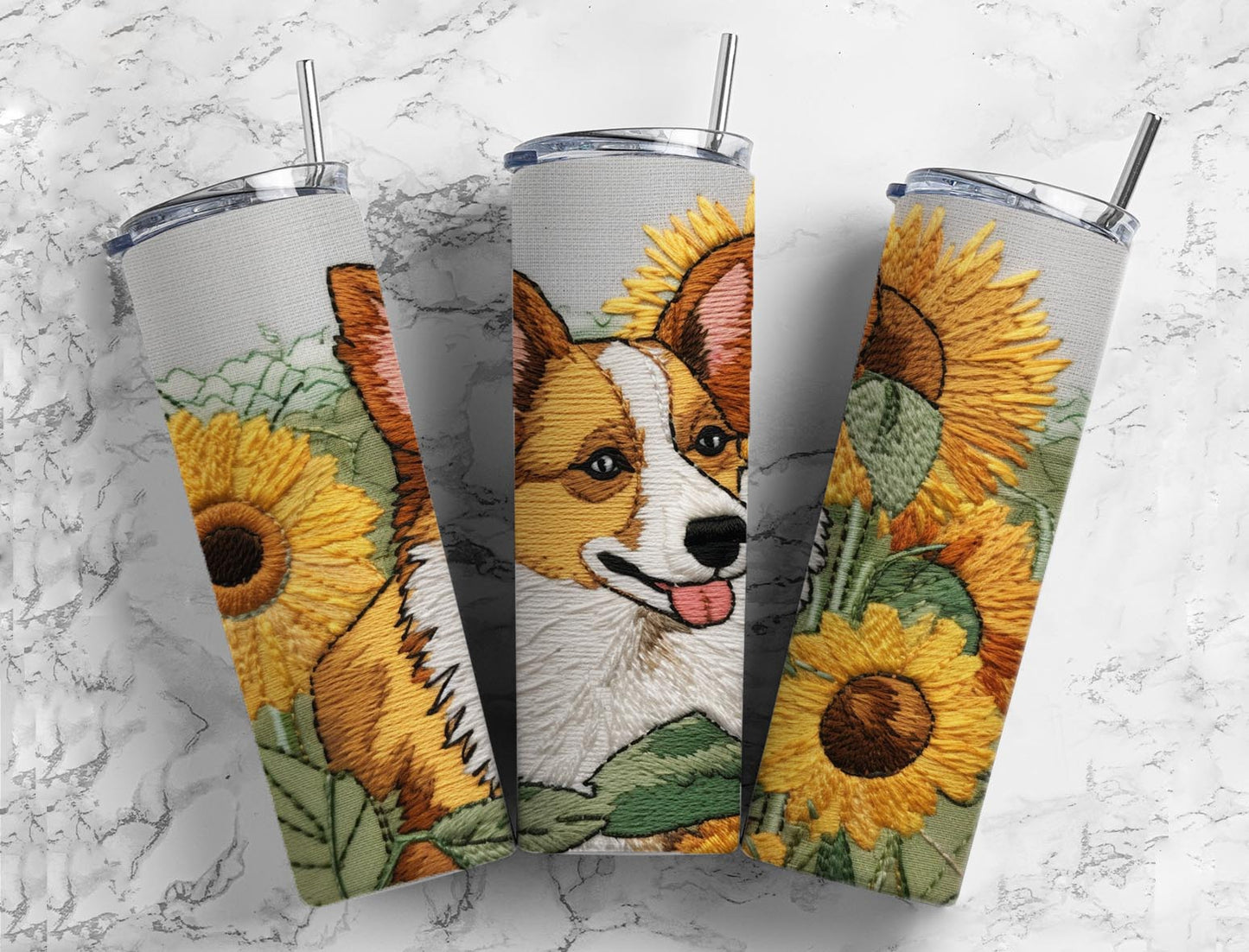 Embroidery corgi 20oz Sublimation Tumbler Designs, sunflower dog 9.2 x 8.3” Straight Skinny Tumbler Wrap PNG