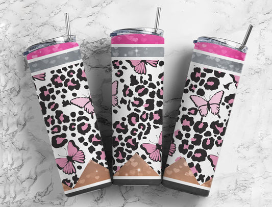 Butterfly leopard print 20oz Sublimation Tumbler Designs, heart glitter 9.2 x 8.3” Straight Skinny Tumbler Wrap PNG