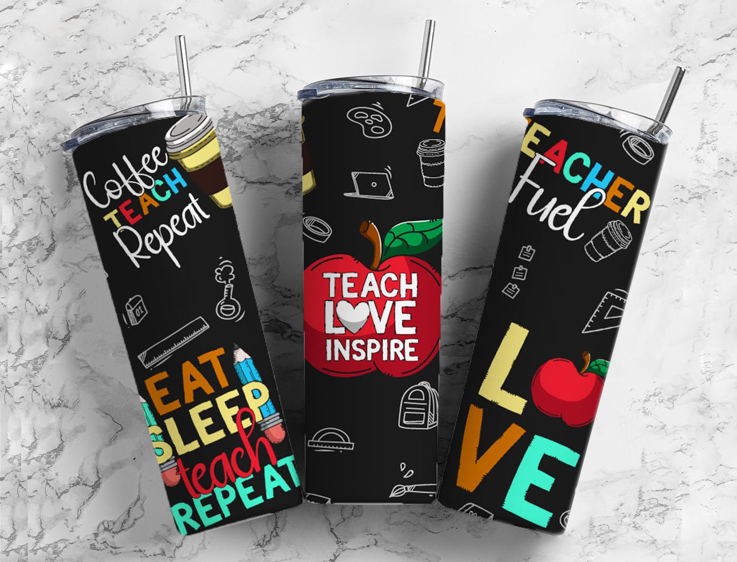 Teacher sayings 20oz Sublimation Tumbler Designs, Teach love inspire 9.2 x 8.3” Straight Skinny Tumbler Wrap PNG