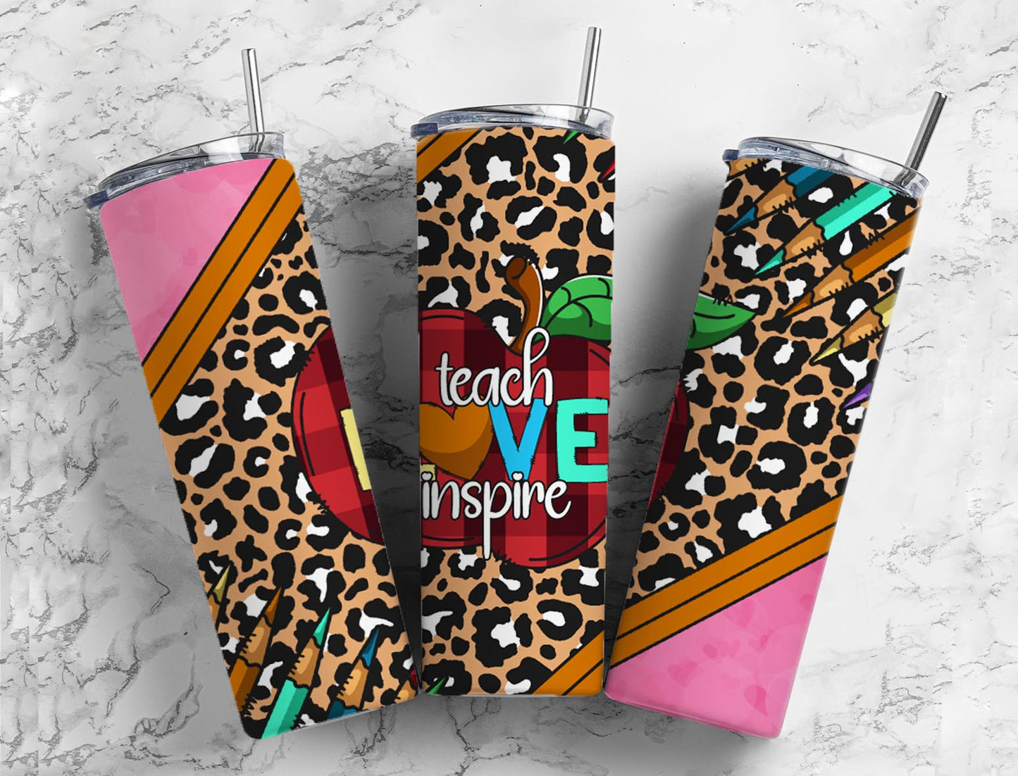 Teach love inspire 20oz Sublimation Tumbler Designs, Teacher apple 9.2 x 8.3” Straight Skinny Tumbler Wrap PNG