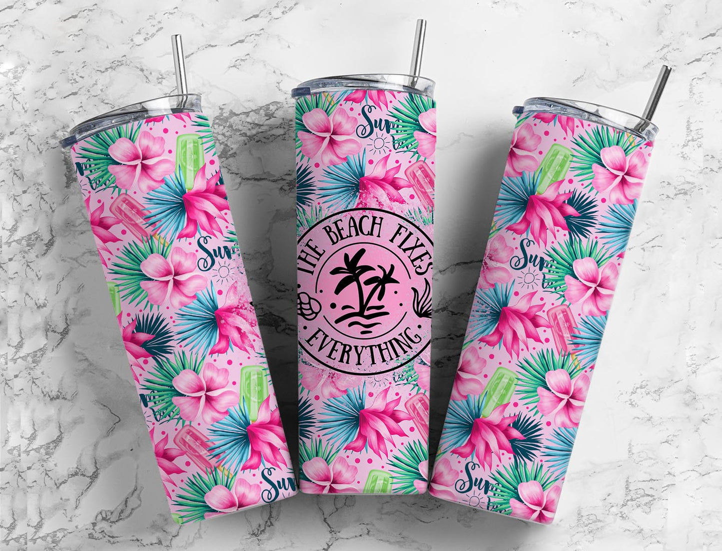 Beach Fix 20oz Sublimation Tumbler Designs, Pink Flower 9.2 x 8.3”  Tumbler Png, Digital Download