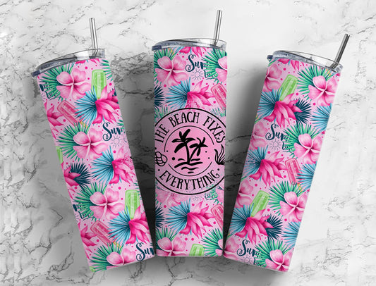 Beach Fix 20oz Sublimation Tumbler Designs, Pink Flower 9.2 x 8.3”  Tumbler Png, Digital Download