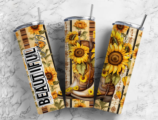 Beautiful Crazy 20oz Sublimation Tumbler Designs, Sunflower Boots 9.2 x 8.3”  Tumbler Png, Digital Download