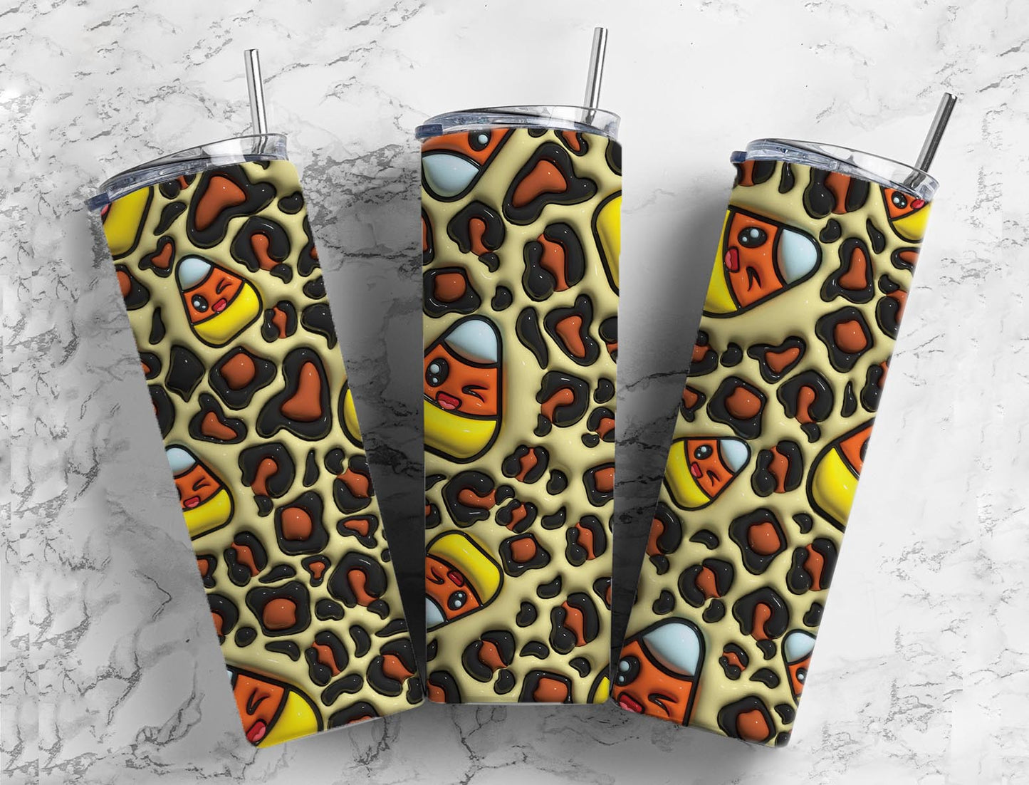 Candy Corn Leopard Cheetah Bubble 20oz Sublimation Tumbler Designs, 3D Inflated puff 9.2 x 8.3” Tumbler Png, Digital Download