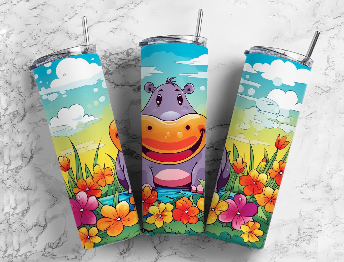 Cartoon Cute Hippo 20oz Sublimation Tumbler Designs, Lake Flowers 9.2 x 8.3”  Tumbler Png, Digital Download